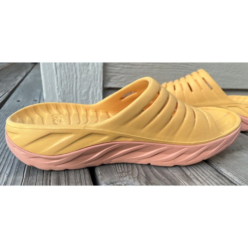 Hoka One One Ora Women's 11 Men's 9 Recovery Slides Amber Yellow/Shell Coral - Picture 11 of 15